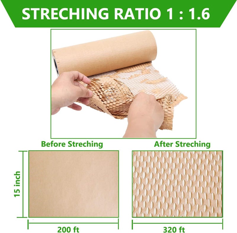 liirro Honeycomb Packing Paper,15" x 200' Bubble Cushioning Wrap Roll for Moving Shipping Packaging Gifts, Recyclable Cushioning Paper Moving Packing Supplies Protective Roll with 20 Fragile Sticker Labels - Image 3